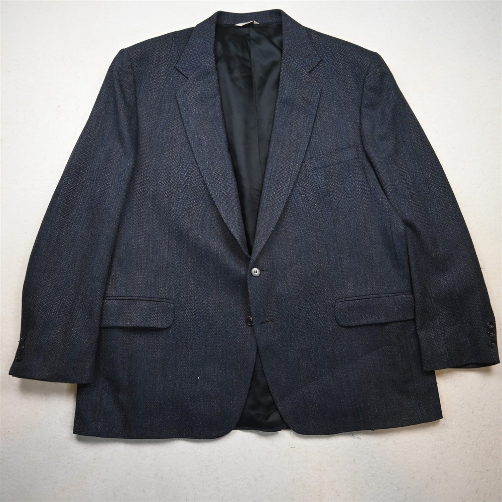 Vtg USA Made 50L Blue Herringbone Wool Tweed Mens Blazer Suit Jacket Sport Coat